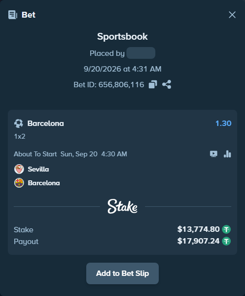 Bet slip: Sevilla - Barcelona, $13,774.80 stake at 1.30 odds, placed by Jakeleik