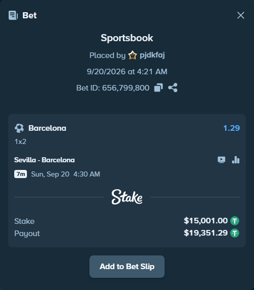 Bet slip: Sevilla - Barcelona, $15,001.00 stake at 1.29 odds, placed by pjdkfaj