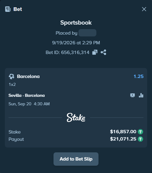 Bet slip: Sevilla - Barcelona, $16,857.00 stake at 1.25 odds, placed by Freddkalas