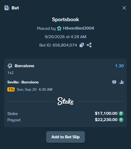 Bet slip: Sevilla - Barcelona, $17,100.00 stake at 1.30 odds, placed by Håvardlied2004