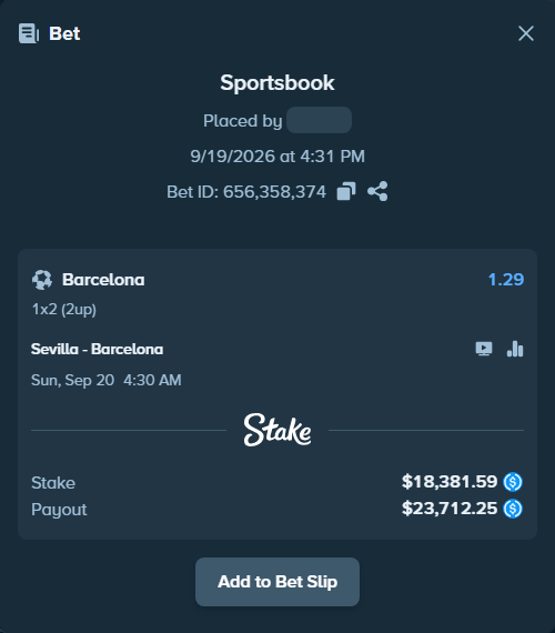 Bet slip: Sevilla - Barcelona, $18,381.59 stake at 1.29 odds, placed by Vicceforb