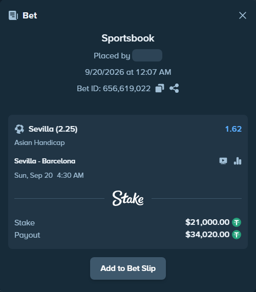 Bet slip: Sevilla - Barcelona, $21,000.00 stake at 1.62 odds, placed by guoziqi9