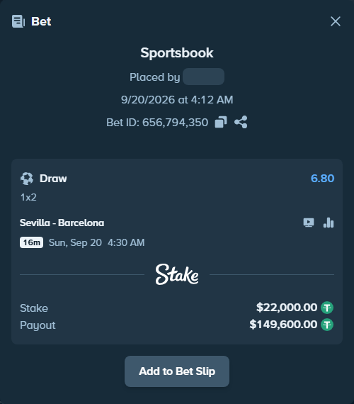 Bet slip: Sevilla - Barcelona, $22,000.00 stake at 6.80 odds, placed by Christianazar
