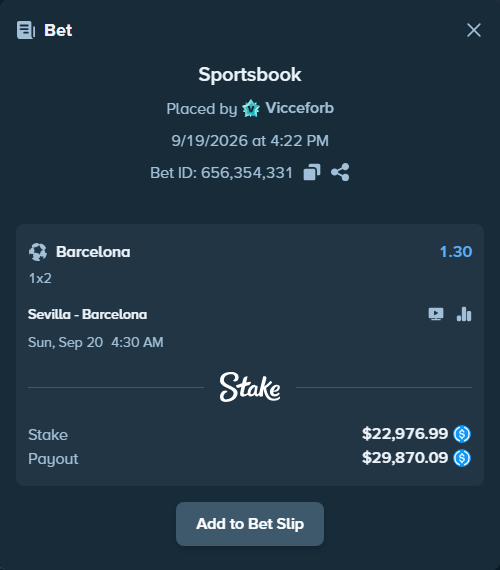 Bet slip: Sevilla - Barcelona, $22,976.99 stake at 1.30 odds, placed by Vicceforb