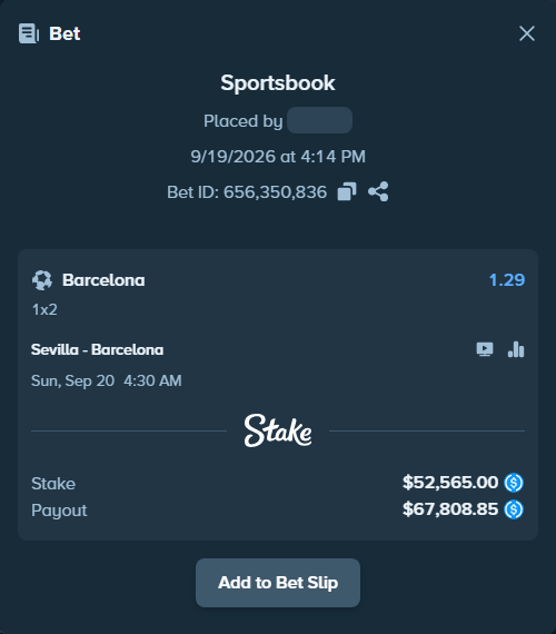 Bet slip: Sevilla - Barcelona, $52,565.00 stake at 1.29 odds, placed by Extraaaa21