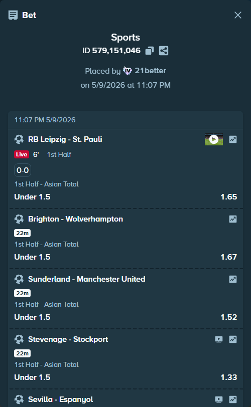 Bet slip: Sevilla - Espanyol, $9,015.86 stake at 1.31 odds, placed by 21better