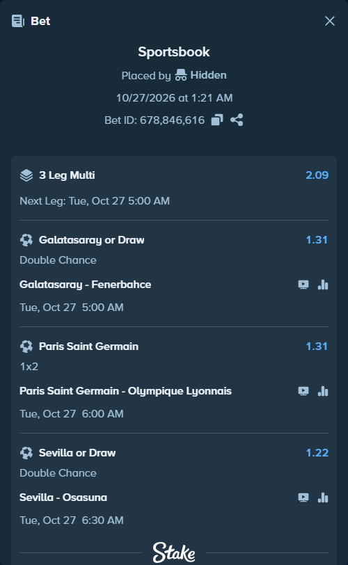 Bet slip: Sevilla - Osasuna, $10,000.00 stake at 1.22 odds, placed by Hidden