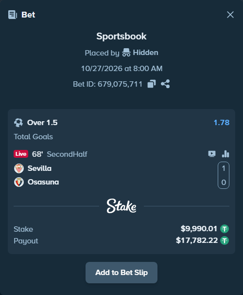 Bet slip: Sevilla - Osasuna, $10,000.00 stake at 1.78 odds, placed by facih50985