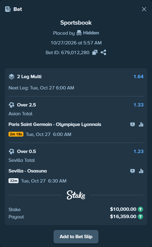 Bet slip: Sevilla - Osasuna, $10,010.00 stake at 1.23 odds, placed by Hidden
