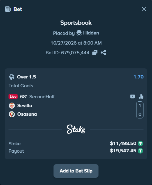 Bet slip: Sevilla - Osasuna, $11,510.00 stake at 1.70 odds, placed by DMNTE96