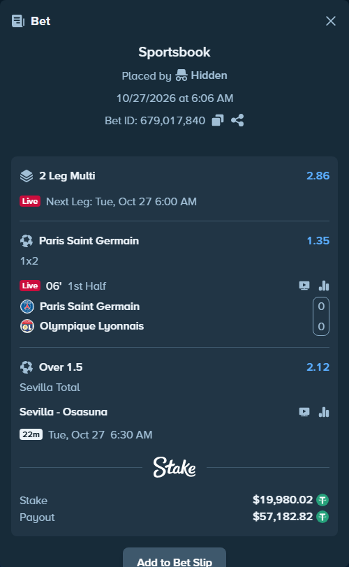 Bet slip: Sevilla - Osasuna, $20,000.00 stake at 2.12 odds, placed by roha1292