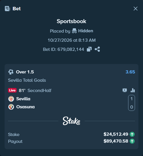 Bet slip: Sevilla - Osasuna, $24,537.00 stake at 3.65 odds, placed by Hidden