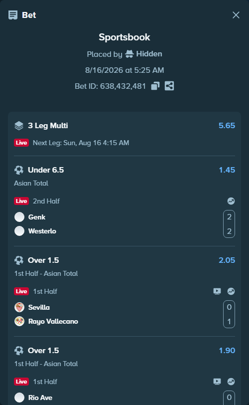 Bet slip: Sevilla - Rayo Vallecano, $11,047.04 stake at 2.05 odds, placed by Hidden
