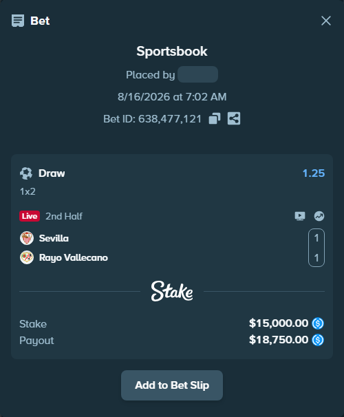 Bet slip: Sevilla - Rayo Vallecano, $15,000.00 stake at 1.25 odds, placed by Hoggtann