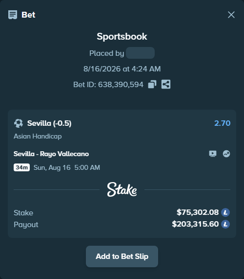 Bet slip: Sevilla - Rayo Vallecano, $75,322.14 stake at 2.70 odds, placed by dabgang