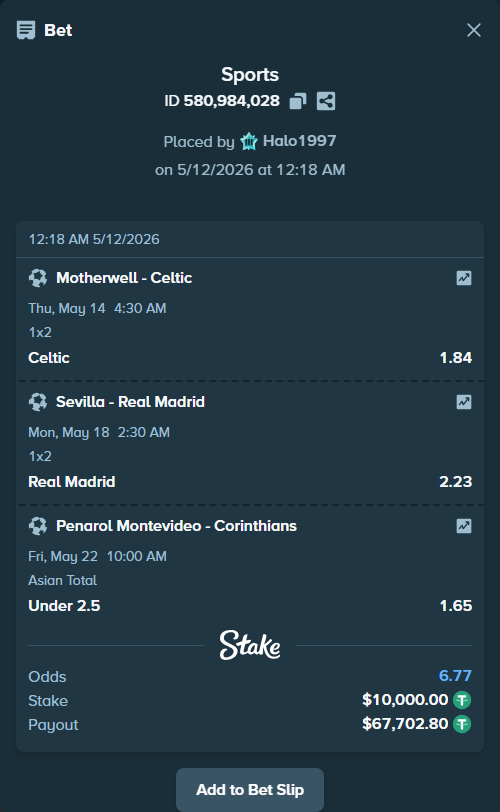 Bet slip: Sevilla - Real Madrid, $10,000.00 stake at 2.23 odds, placed by Halo1997