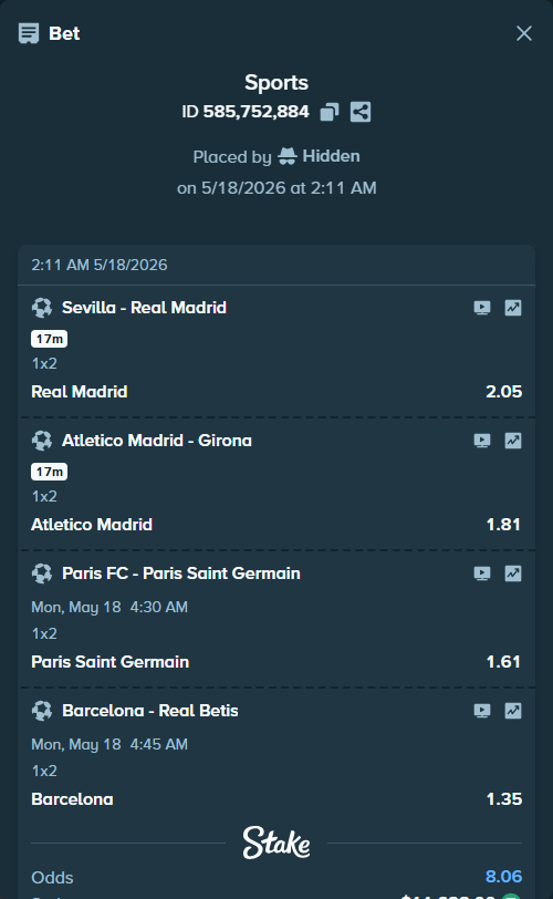 Bet slip: Sevilla - Real Madrid, $11,623.00 stake at 2.05 odds, placed by Hidden