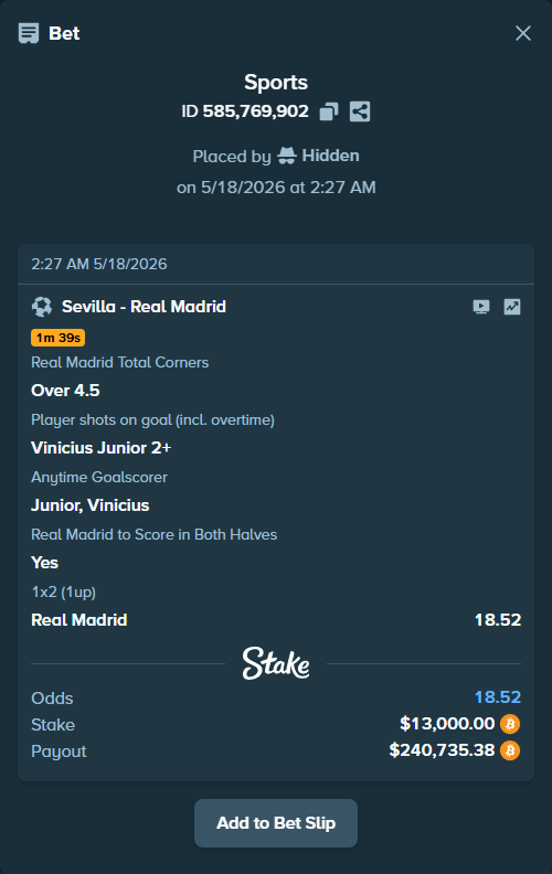 Bet slip: Sevilla - Real Madrid, $10,680.72 stake at 1.73 odds, placed by Hidden