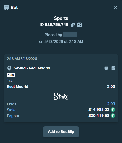 Bet slip: Sevilla - Real Madrid, $15,000.00 stake at 2.03 odds, placed by L3sir3