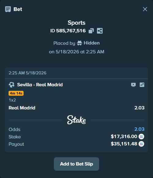 Bet slip: Sevilla - Real Madrid, $14,623.99 stake at 2.03 odds, placed by Hidden