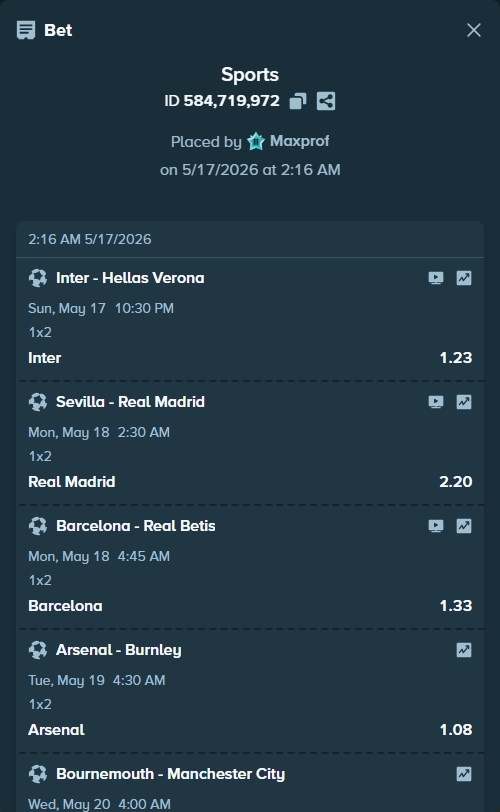 Bet slip: Sevilla - Real Madrid, $20,000.00 stake at 2.20 odds, placed by Maxprof