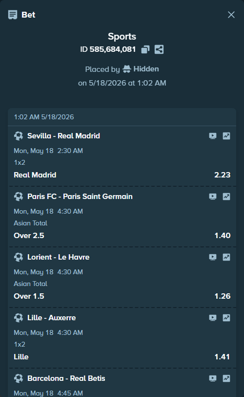 Bet slip: Sevilla - Real Madrid, $20,000.00 stake at 2.23 odds, placed by Hidden