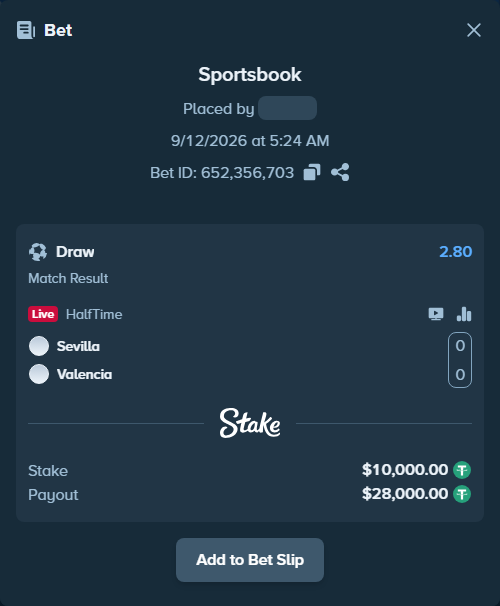 Bet slip: Sevilla - Valencia, $10,000.00 stake at 2.80 odds, placed by erlendw00