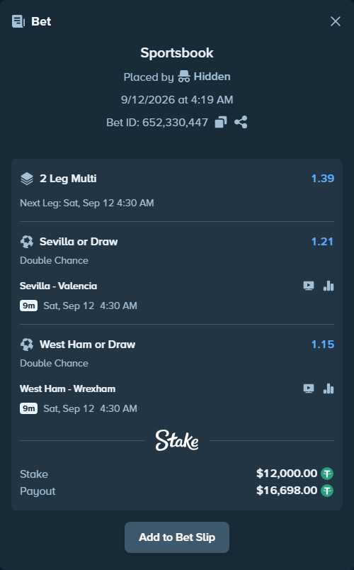 Bet slip: Sevilla - Valencia, $12,000.00 stake at 1.21 odds, placed by Hidden