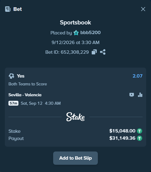 Bet slip: Sevilla - Valencia, $15,048.00 stake at 2.07 odds, placed by bbb5200