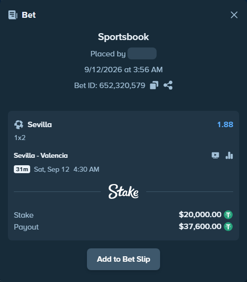Bet slip: Sevilla - Valencia, $20,000.00 stake at 1.88 odds, placed by kolstadjon1
