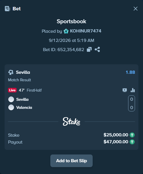 Bet slip: Sevilla - Valencia, $25,000.00 stake at 1.88 odds, placed by KOHINUR7474