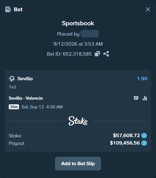 Bet slip: Sevilla - Valencia, $57,608.72 stake at 1.90 odds, placed by Hasse5