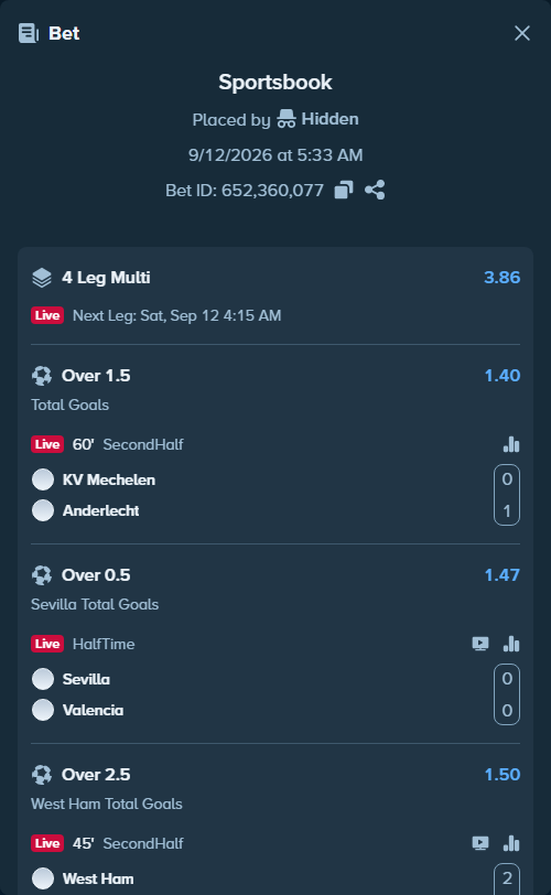 Bet slip: Sevilla - Valencia, $63,474.00 stake at 1.47 odds, placed by Hidden