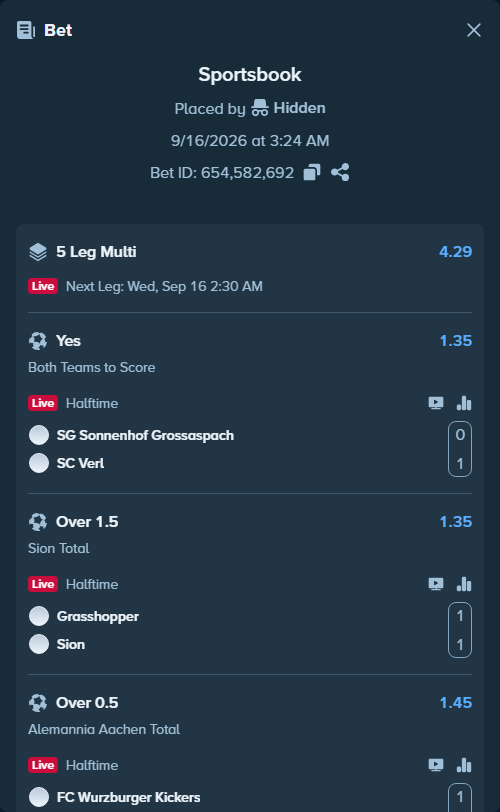 Bet slip: SG Sonnenhof Grossaspach - SC Verl, $27,649.37 stake at 1.35 odds, placed by Hidden