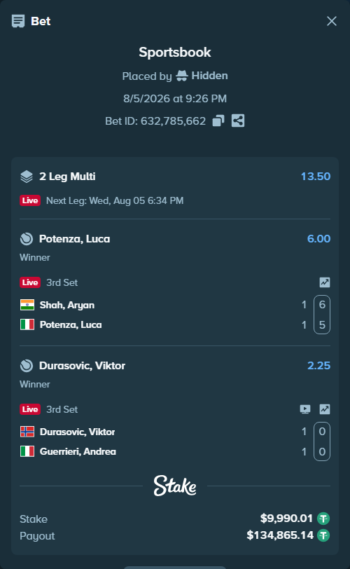 Bet slip: Shah, Aryan - Potenza, Luca, $10,000.00 stake at 6.00 odds, placed by Hidden