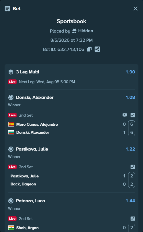 Bet slip: Shah, Aryan - Potenza, Luca, $14,225.00 stake at 1.44 odds, placed by Hidden