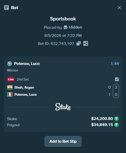 Bet slip: Shah, Aryan - Potenza, Luca, $24,225.00 stake at 1.44 odds, placed by Hidden