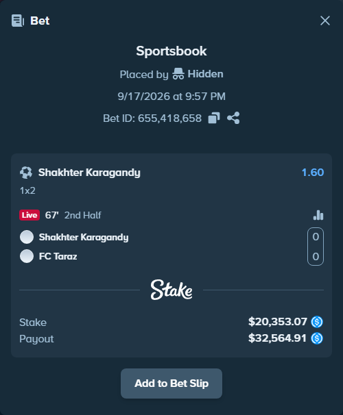 Bet slip: Shakhtar Karagandy - FK Taraz, $20,353.07 stake at 1.60 odds, placed by Hidden