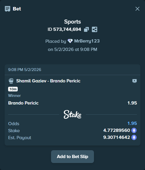 Bet slip: Shamil Gaziev - Brando Pericic, $8,285.94 stake at 1.95 odds, placed by MrBerry123