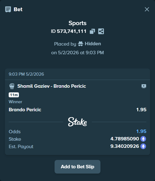Bet slip: Shamil Gaziev - Brando Pericic, $8,315.37 stake at 1.95 odds, placed by Hidden
