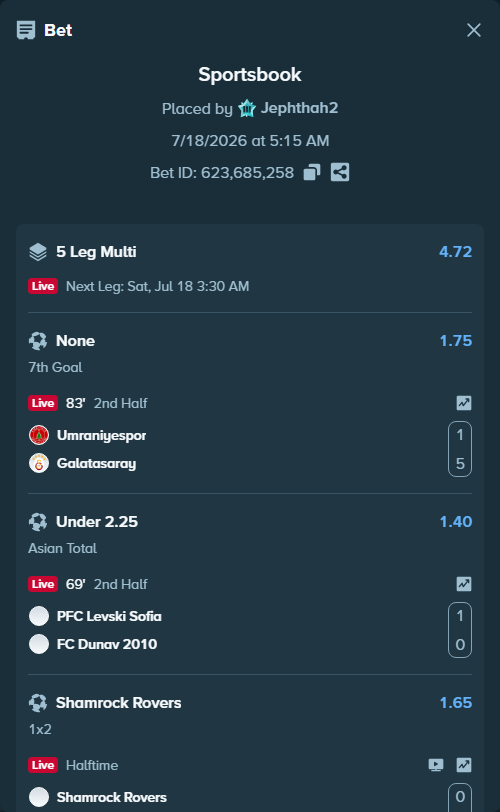 Bet slip: Shamrock Rovers - Cork City FC, $10,000.00 stake at 1.65 odds, placed by Jephthah2