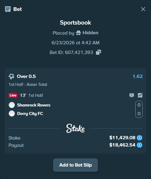 Bet slip: Shamrock Rovers - Derry City FC, $11,429.08 stake at 1.62 odds, placed by Hidden