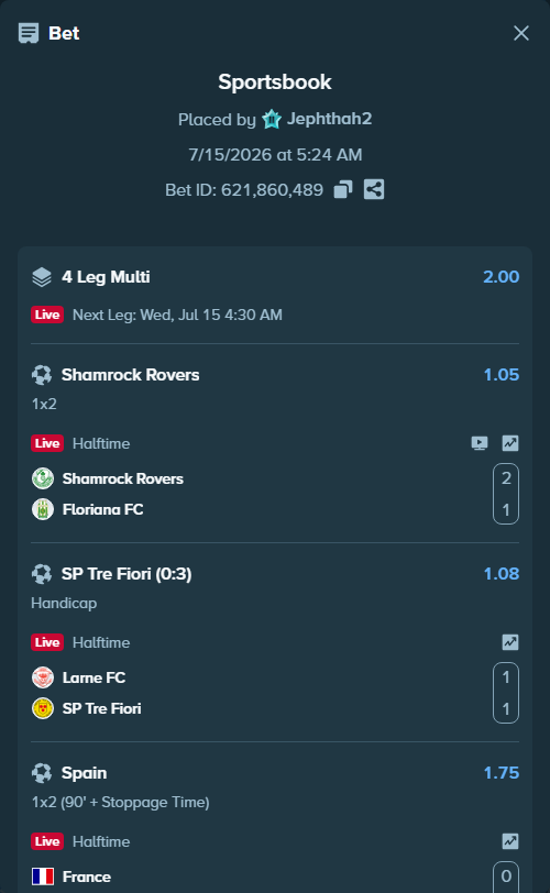 Bet slip: Shamrock Rovers - Floriana FC, $15,000.00 stake at 1.05 odds, placed by Jephthah2