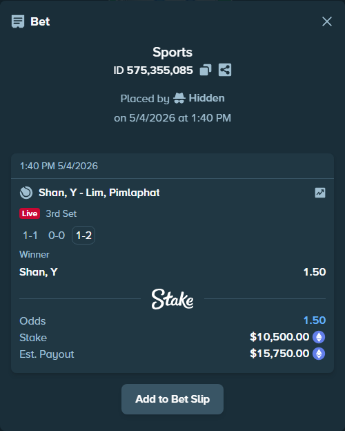 Bet slip: Shan, Y - Lim, Pimlaphat, $8,430.76 stake at 1.50 odds, placed by Hidden