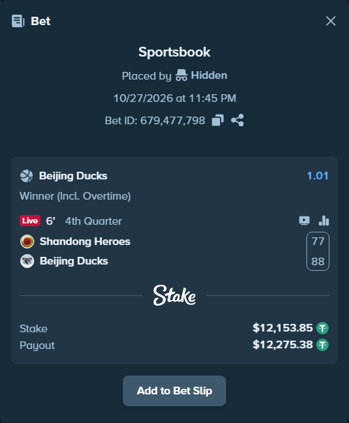 Bet slip: Shandong Kirin - Beijing Ducks, $12,166.00 stake at 1.01 odds, placed by Hidden