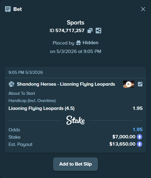 Bet slip: Shandong Kirin - Liaoning Flying Leopards, $5,253.43 stake at 1.95 odds, placed by Hidden