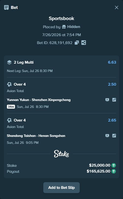 Bet slip: Shandong Taishan FC - Henan Songshan, $25,000.00 stake at 2.65 odds, placed by Hidden