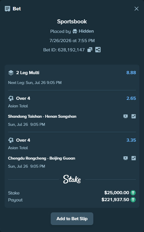 Bet slip: Shandong Taishan FC - Henan Songshan, $25,000.00 stake at 2.65 odds, placed by Hidden