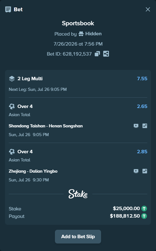 Bet slip: Shandong Taishan FC - Henan Songshan, $25,000.00 stake at 2.65 odds, placed by Hidden