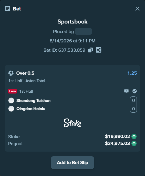 Bet slip: Shandong Taishan FC - Qingdao Hainiu, $20,000.00 stake at 1.25 odds, placed by tlwns4736